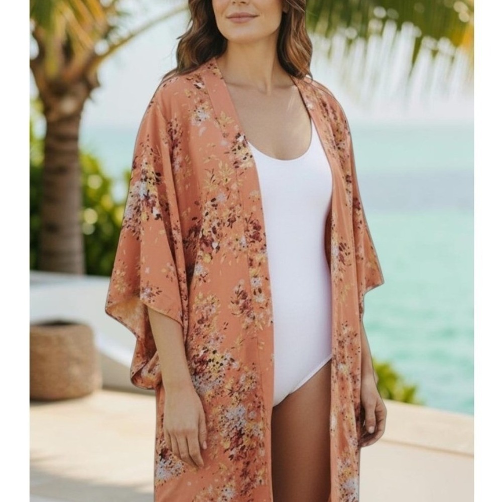 Moa Moa Womens 3X Boho Coastal Resort Floral Chiffon Kimonoโ Cover Up Long Top